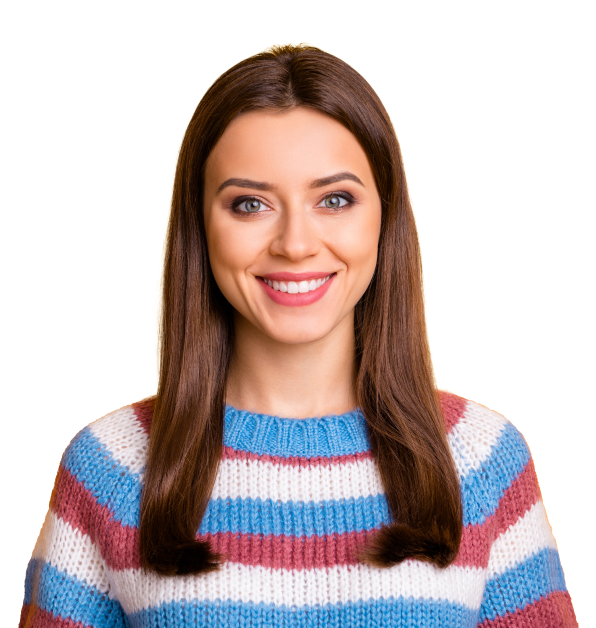 Simpl Happy female with red and blue colored sweater