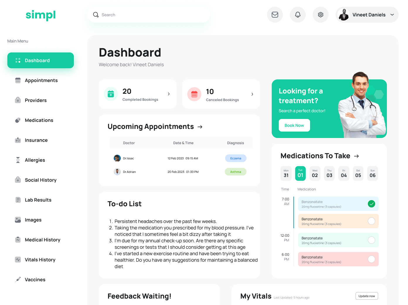 Simpl Dashboard or Patient Portal
