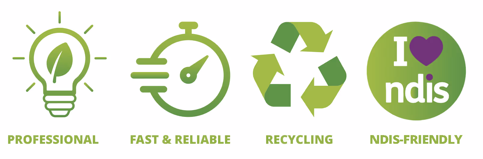 Icons Cleanup standards, Professional, Fast & Reliable, Recycling, NDIS-friendly