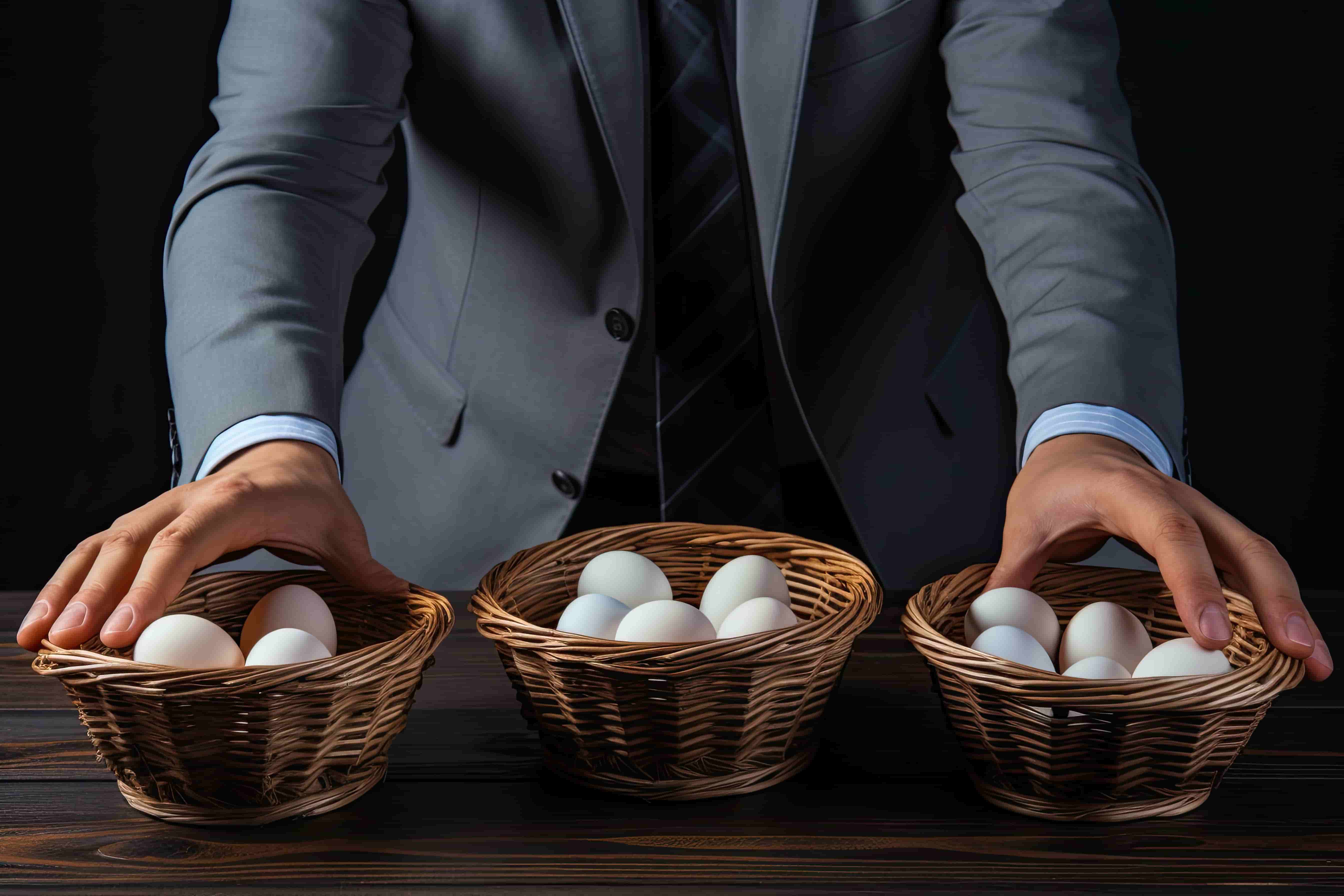 Homme en costume plaçant des oeufs dans des paniers différents