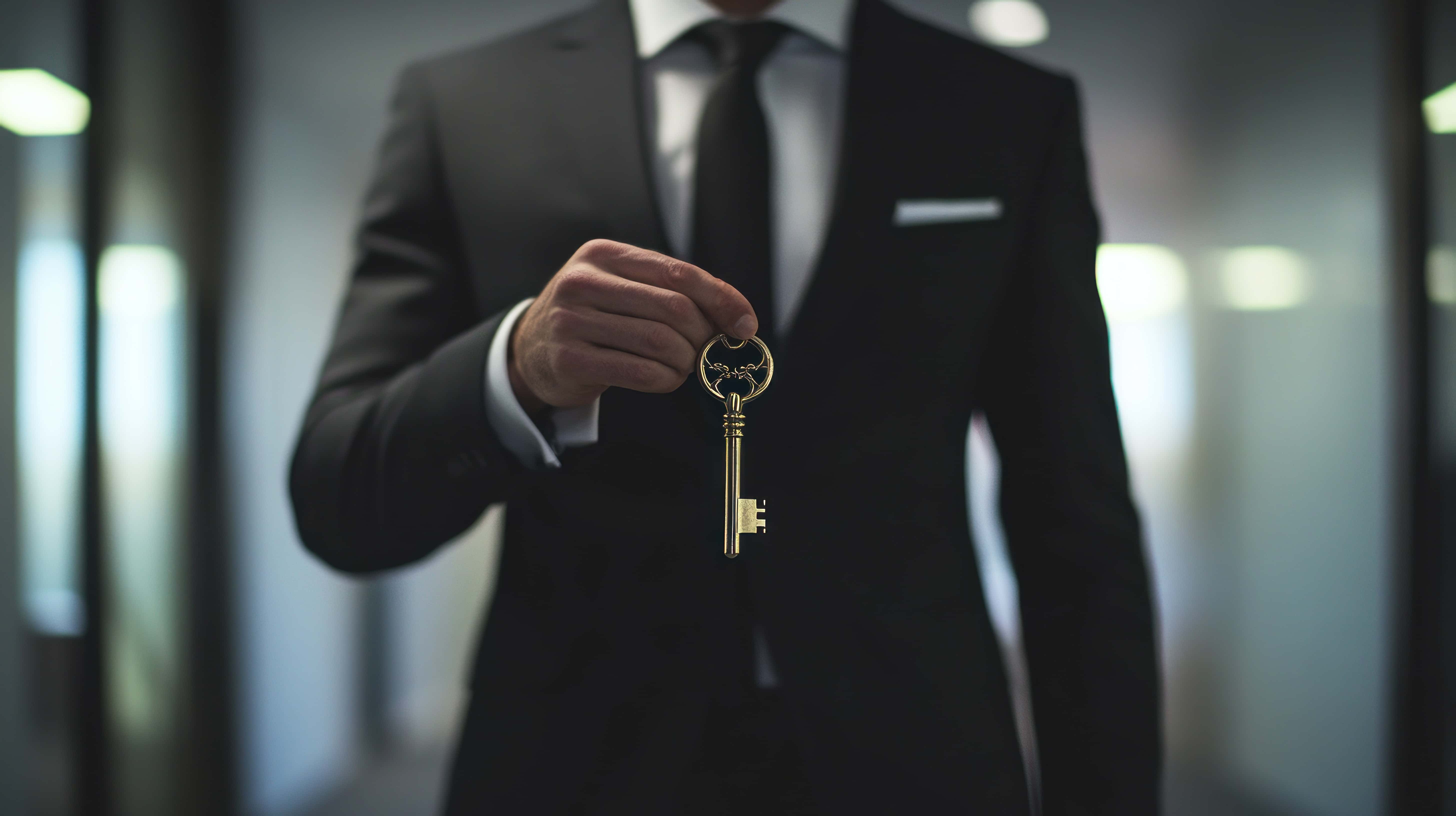 Homme en costume tenant une clé dorée