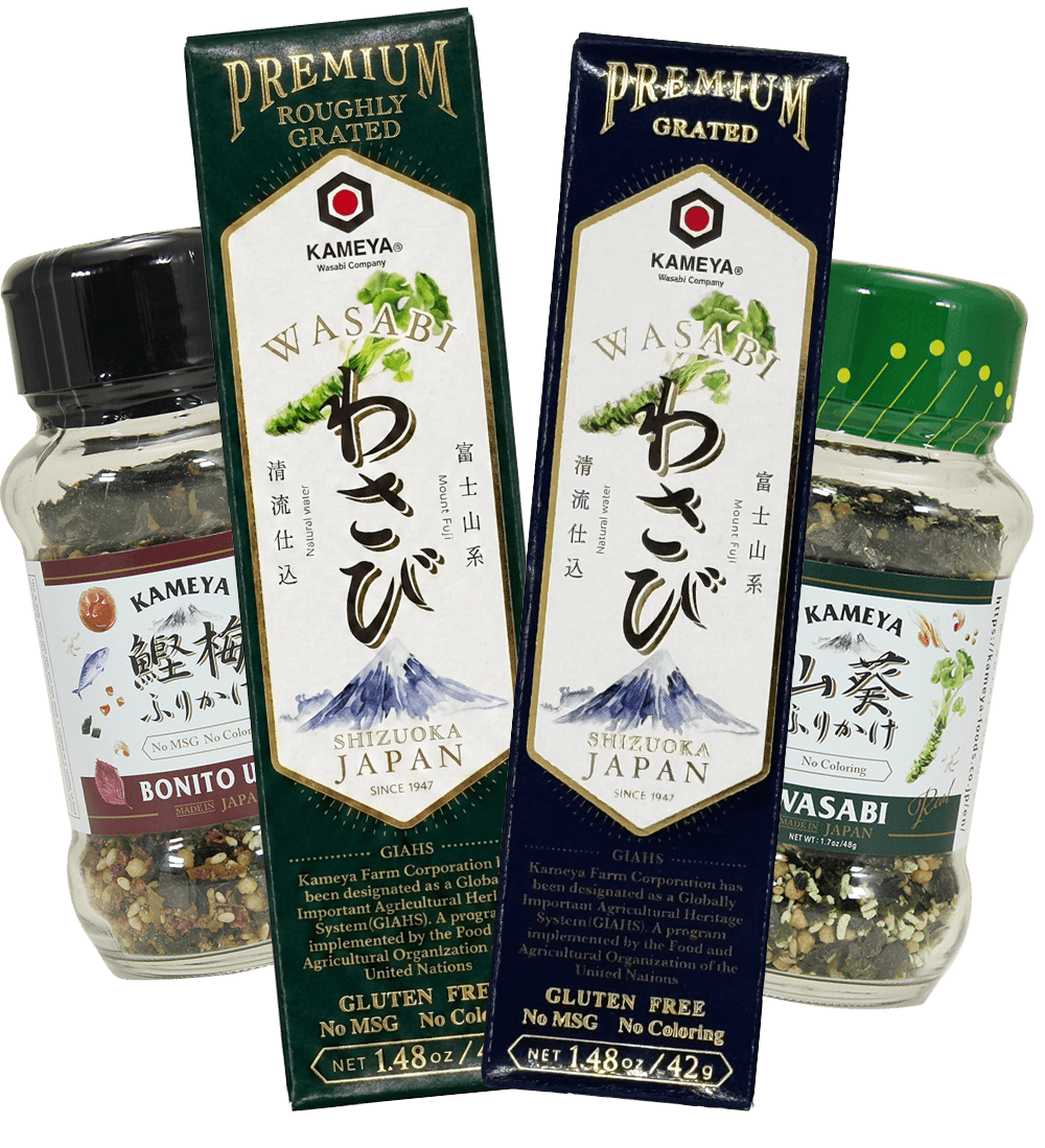 Two bottles and two boxes of Kameya brand Japanese seasoning including wasabi and bonito furikake.