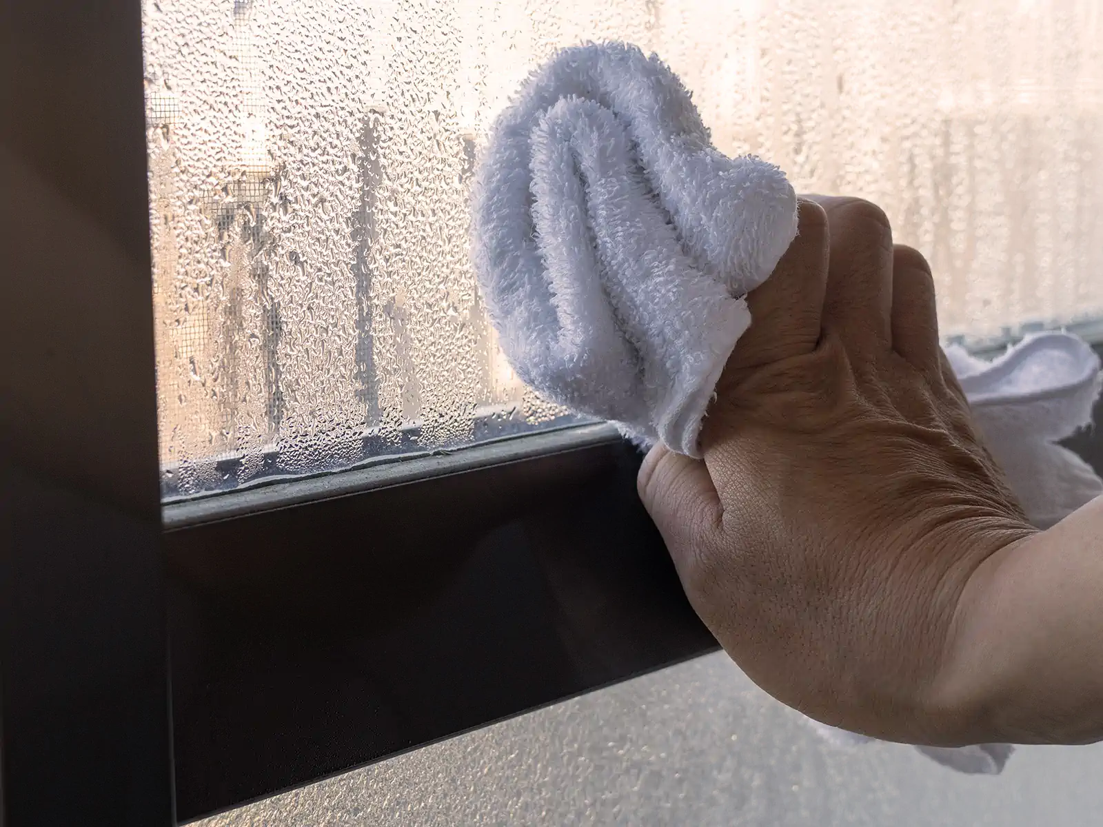 Hand with cloth wiping foggy windows