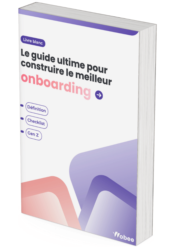 White paper titled 'Le guide ultime pour construire le meilleur onboarding' with purple and pink design elements and Theobee logo.