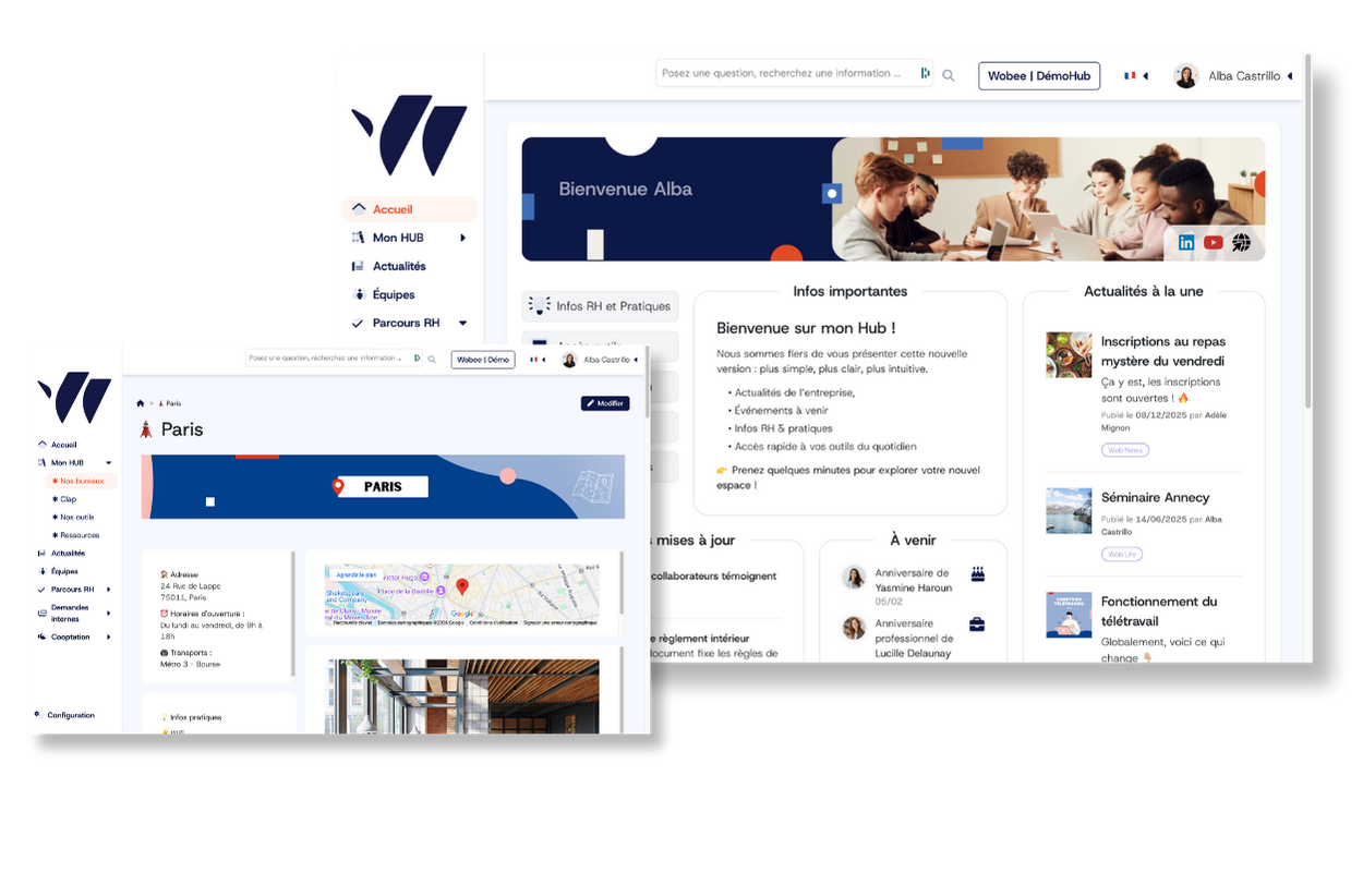 Écrans d'ordinateur portable et de smartphone affichant l'interface intranet Wobee avec les tâches d'onboarding et de formation.