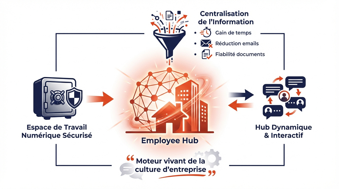 Interface d'un hub employé moderne facilitant la collaboration et la sécurité des données