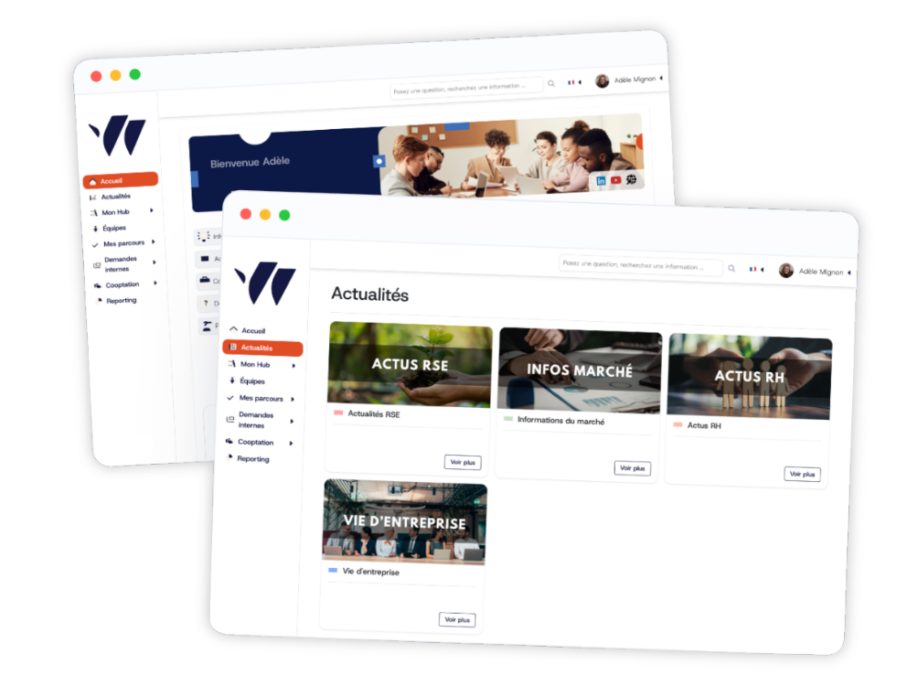 Écrans d'ordinateur portable et de smartphone affichant l'interface intranet Wobee avec les tâches d'onboarding et de formation.