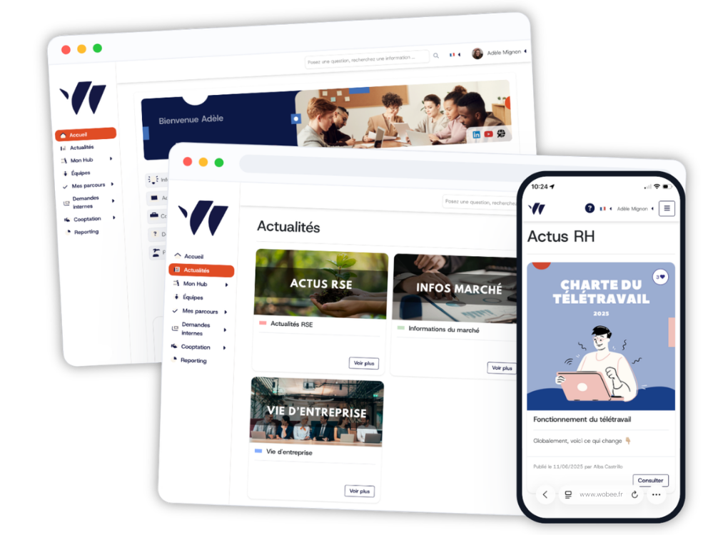 Écrans d'ordinateur portable et de smartphone affichant l'interface intranet Wobee avec les tâches d'onboarding et de formation.
