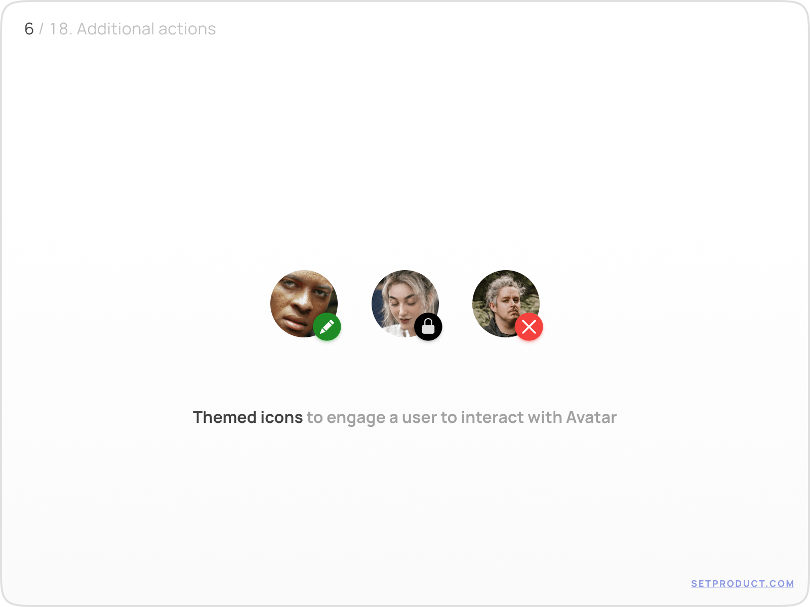 Avatar UI design with additional overlay actions (edit, block, remove)
