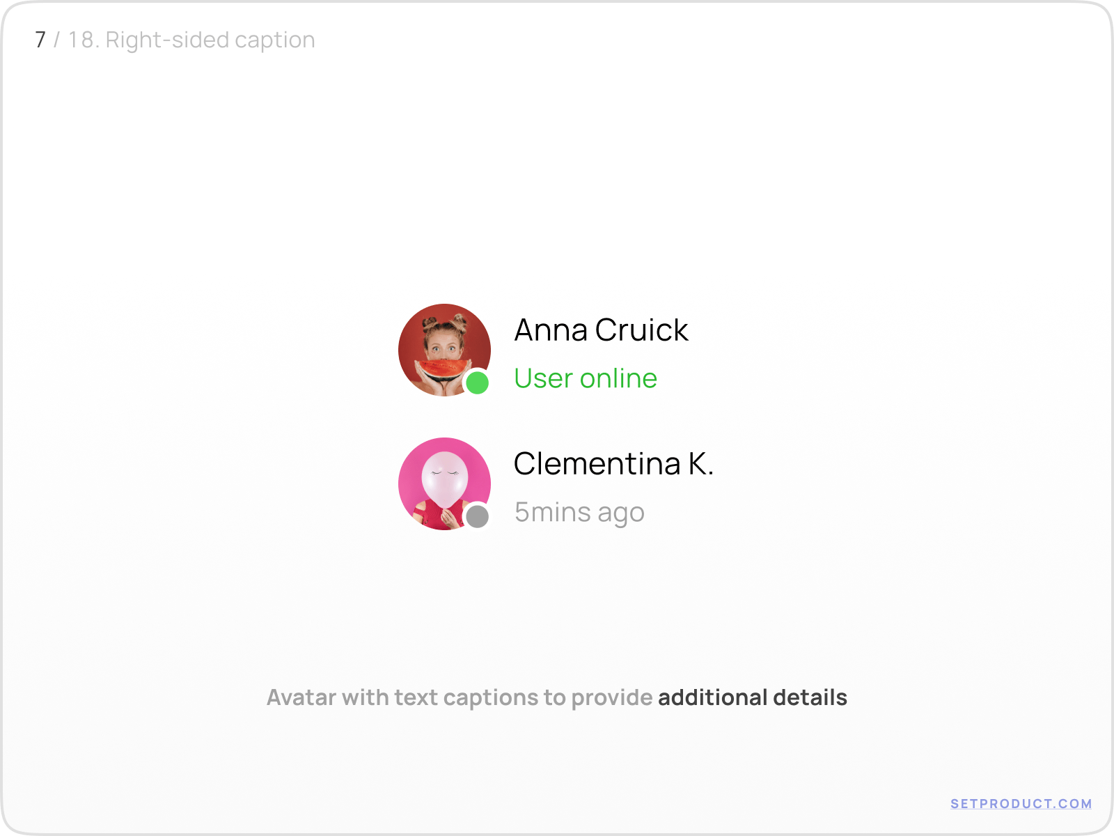 Avatar with right-aligned caption displaying username and details