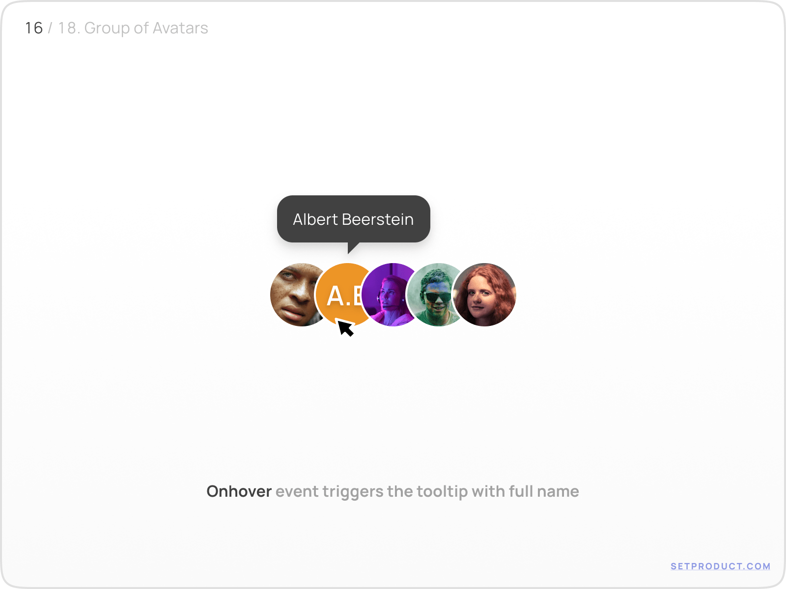 Avatar UI pattern with tooltip showing full username on hover