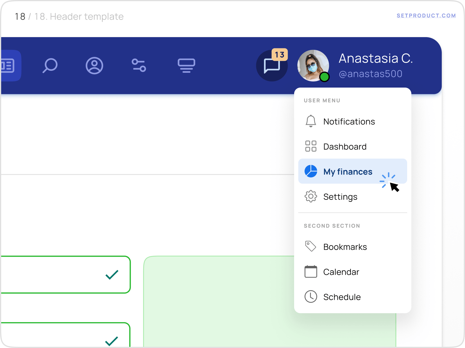 Application header template with avatar userpic as navigation trigger