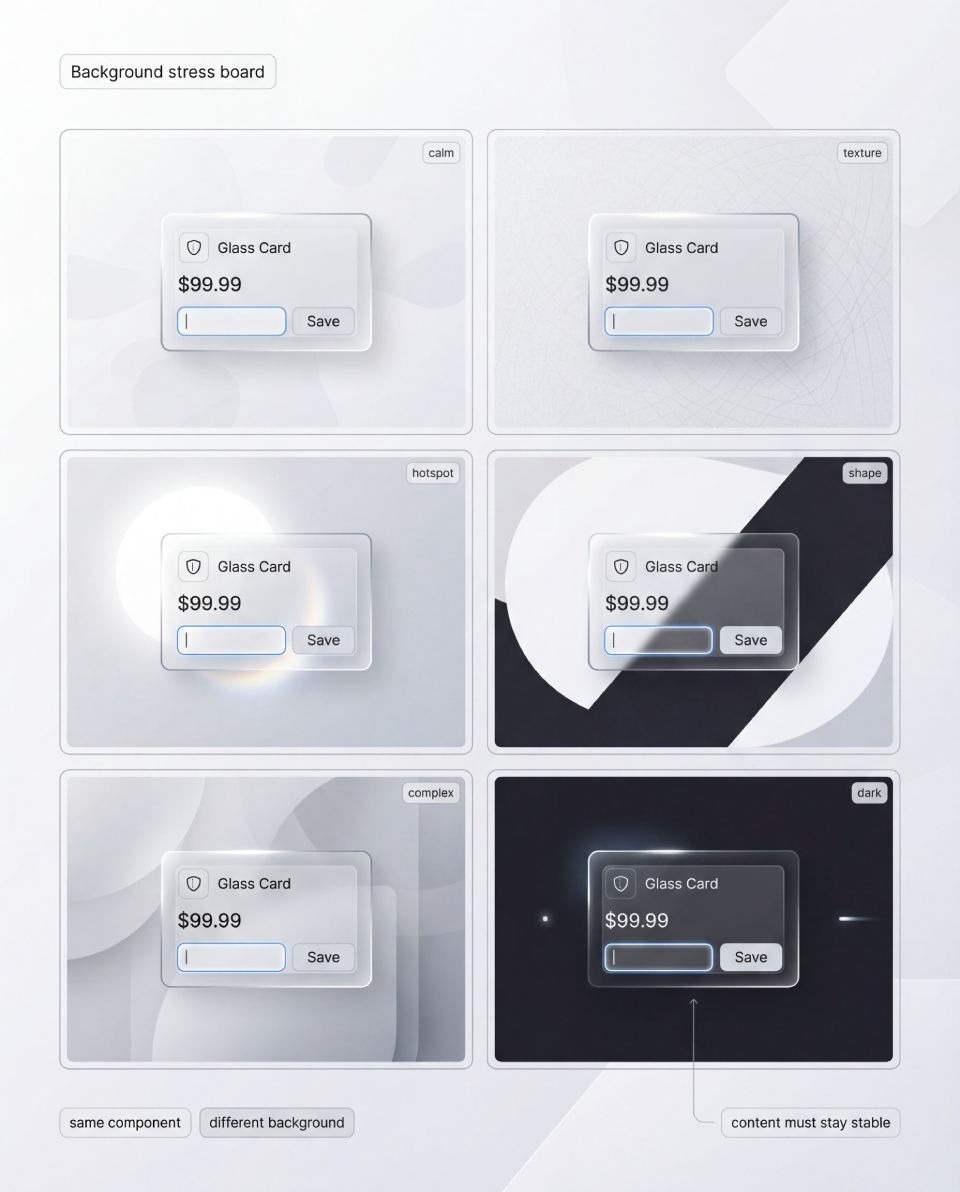 Glass systems that look fine with headline-level typography will fail as soon as you introduce UI density.