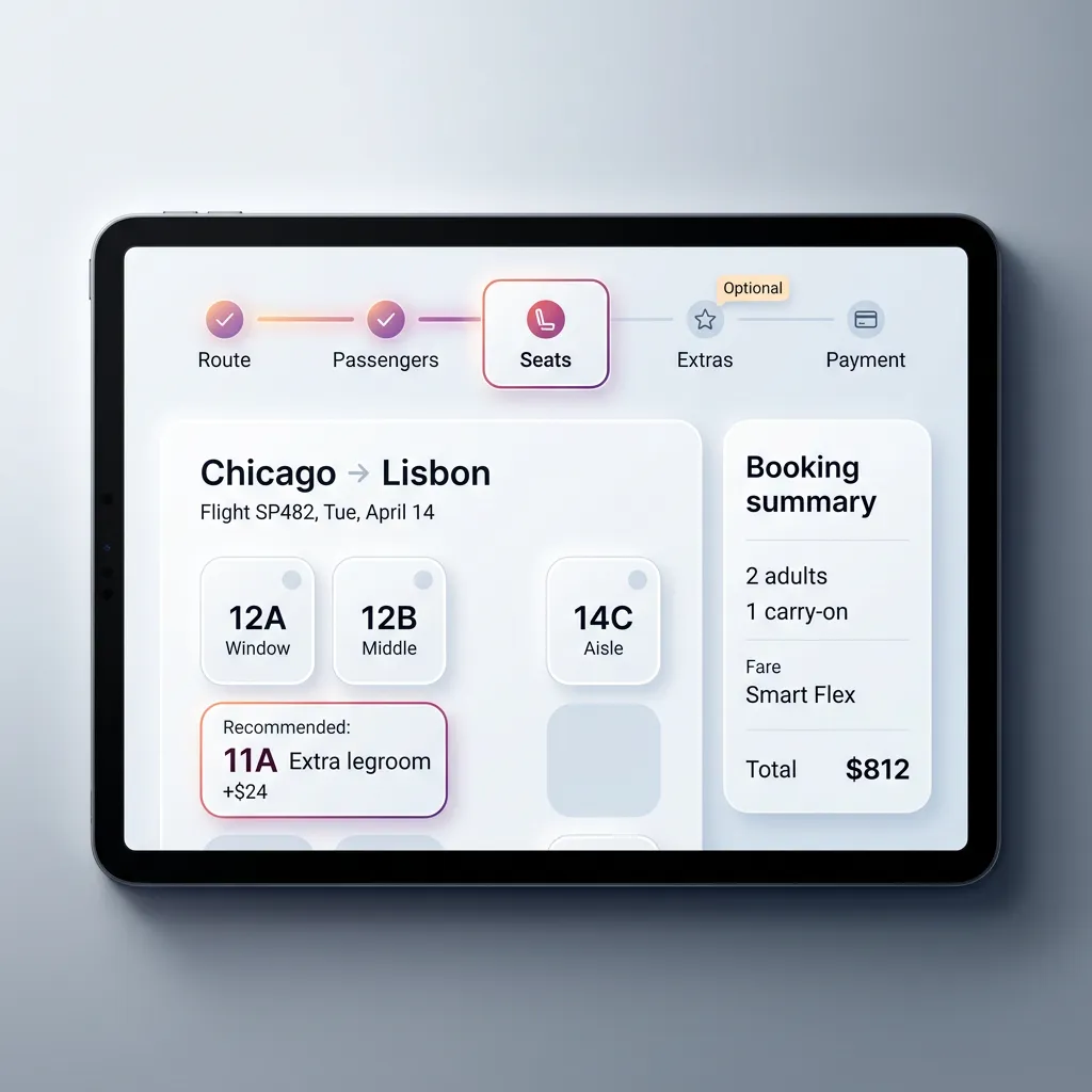 Stepper. Active step framed as a selected card