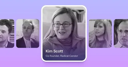 Portrait of Kim Scott, co-founder of Radical Candor, wearing glasses and a sweater, smiling.