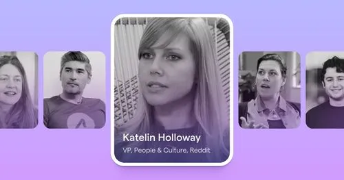 Portrait of Katelin Holloway, VP of People & Culture at Reddit, against a purple gradient background with smaller portraits of other people.