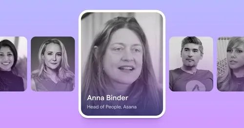 Portrait of Anna Binder, Head of People at Asana, with surrounding headshots on purple gradient background.