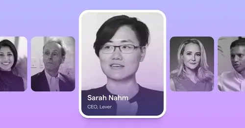 Portrait of Sarah Nahm wearing glasses with text identifying her as CEO of Lever, surrounded by blurred portraits of other individuals on a purple gradient background.