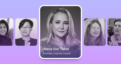 Portrait of Alexa von Tobel with shoulder-length blonde hair, labeled as Founder of Inspired Capital, centered on a purple gradient background.