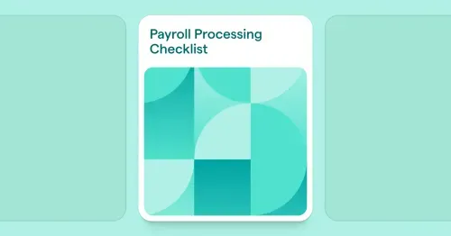 Card titled 'Payroll Processing Checklist' with abstract geometric shapes in shades of teal on a light teal background.