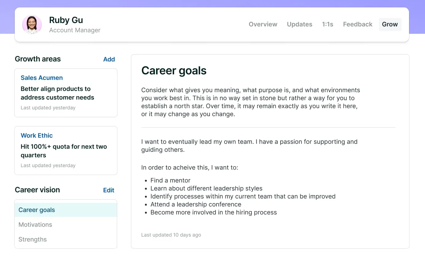 A screenshot of Lattice's career goals page showing an employee's career aspirations.