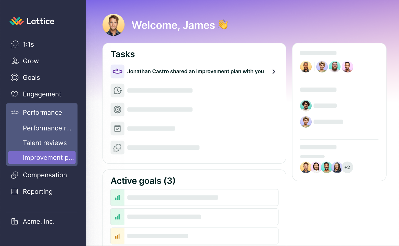 Screenshot of the Lattice dashboard showing a task notification for an improvement plan shared with the user, alongside sections for active goals and team activity within the Performance module.