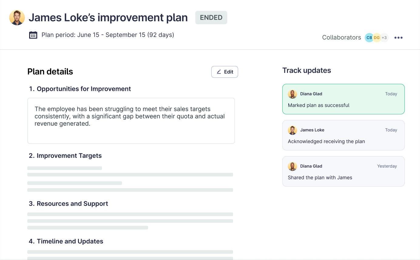 A Lattice PIP is shown for an employee named James Loke. The plan has been marked as successful. A right hand panel shows updates 
