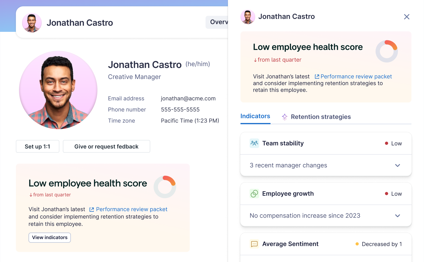 An employee profile in Lattice showing a low employee health score. The side panel highlights contributing indicators like low team stability, lack of compensation growth, and decreased sentiment, with a link to the employee's performance review packet and suggested retention strategies.