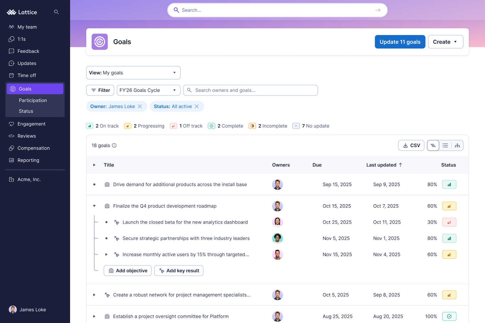 The new Lattice Goals interface showing a list of goals with improved table design, filter and search controls, and progress status indicators. The view includes owner avatars, due dates, last updated timestamps, and goal status labels.