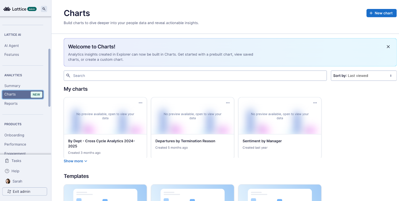 The new Charts interface in Lattice, showing saved charts, templates, and a search bar. Users can view existing charts like “Departures by Termination Reason” or create a new chart using templates or from scratch. 