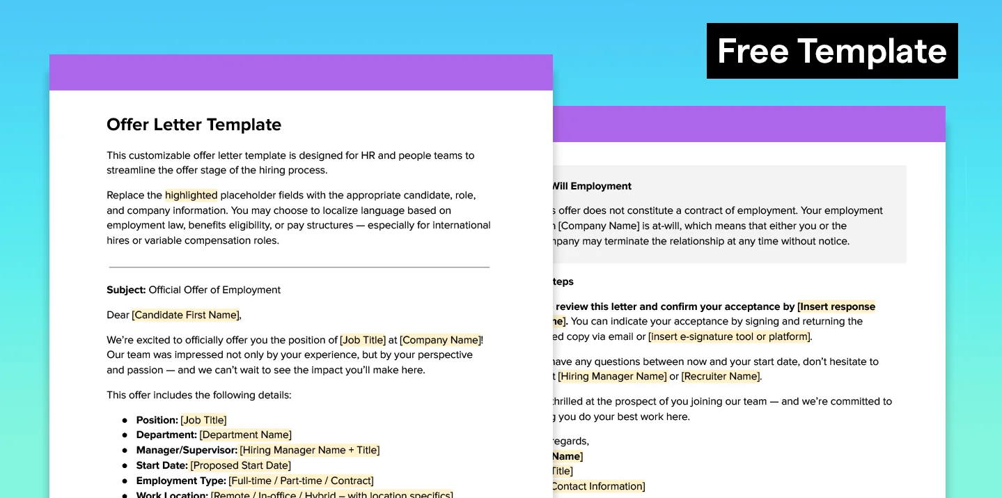 A two-page preview of the offer letter template featuring some sample language and highlighted custom fields.
