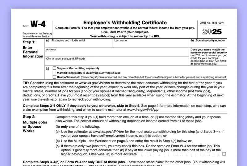 A visual preview of the form W-4.