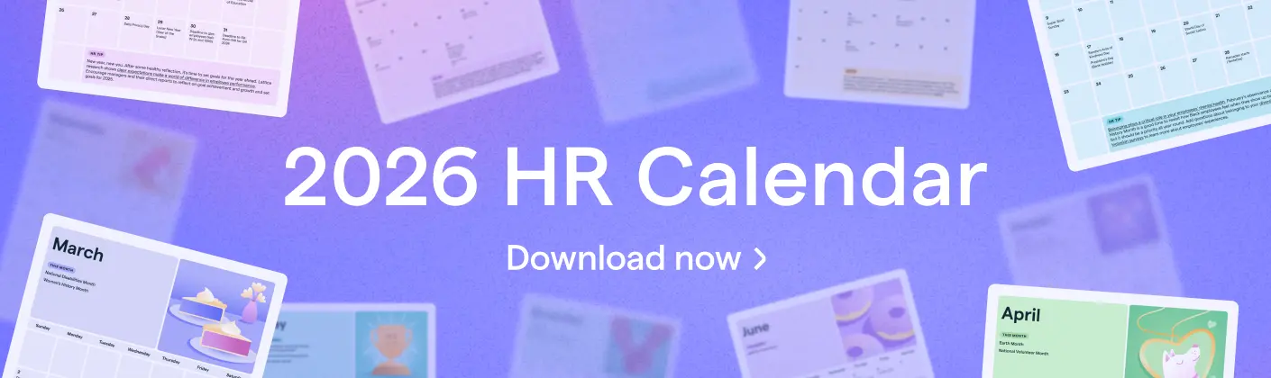 romotional banner for a 2026 HR Calendar download. The text ‘2026 HR Calendar – Download now’ is centered on a purple background, with scattered preview pages of colorful calendar months (including March, April, and June) displayed in the background