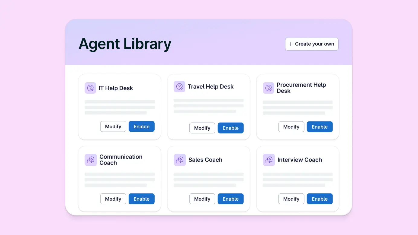 a view of lattice's agent library, including agents for IT help desk, procurment, interview coaching, sales coaching, and more