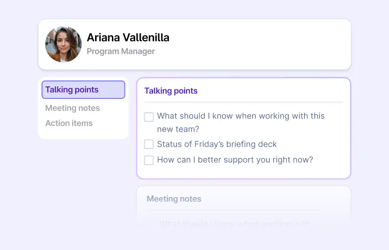 A Lattice 1:1 screenshot, featuring talking points from Ariana.