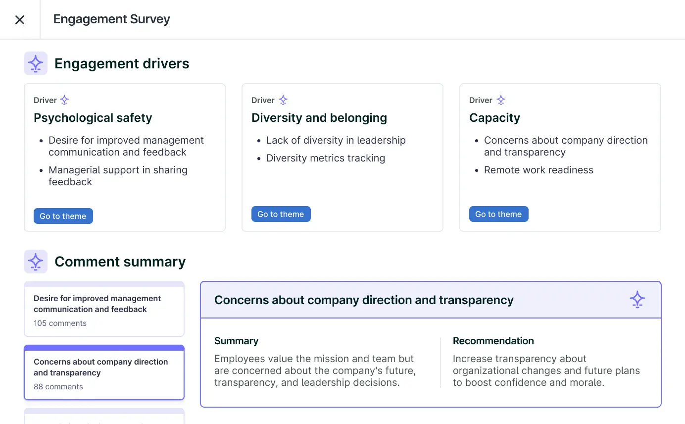 Screenshot of Lattice Engagement Survey analytics showing summaries of employee comments as well as recommendations