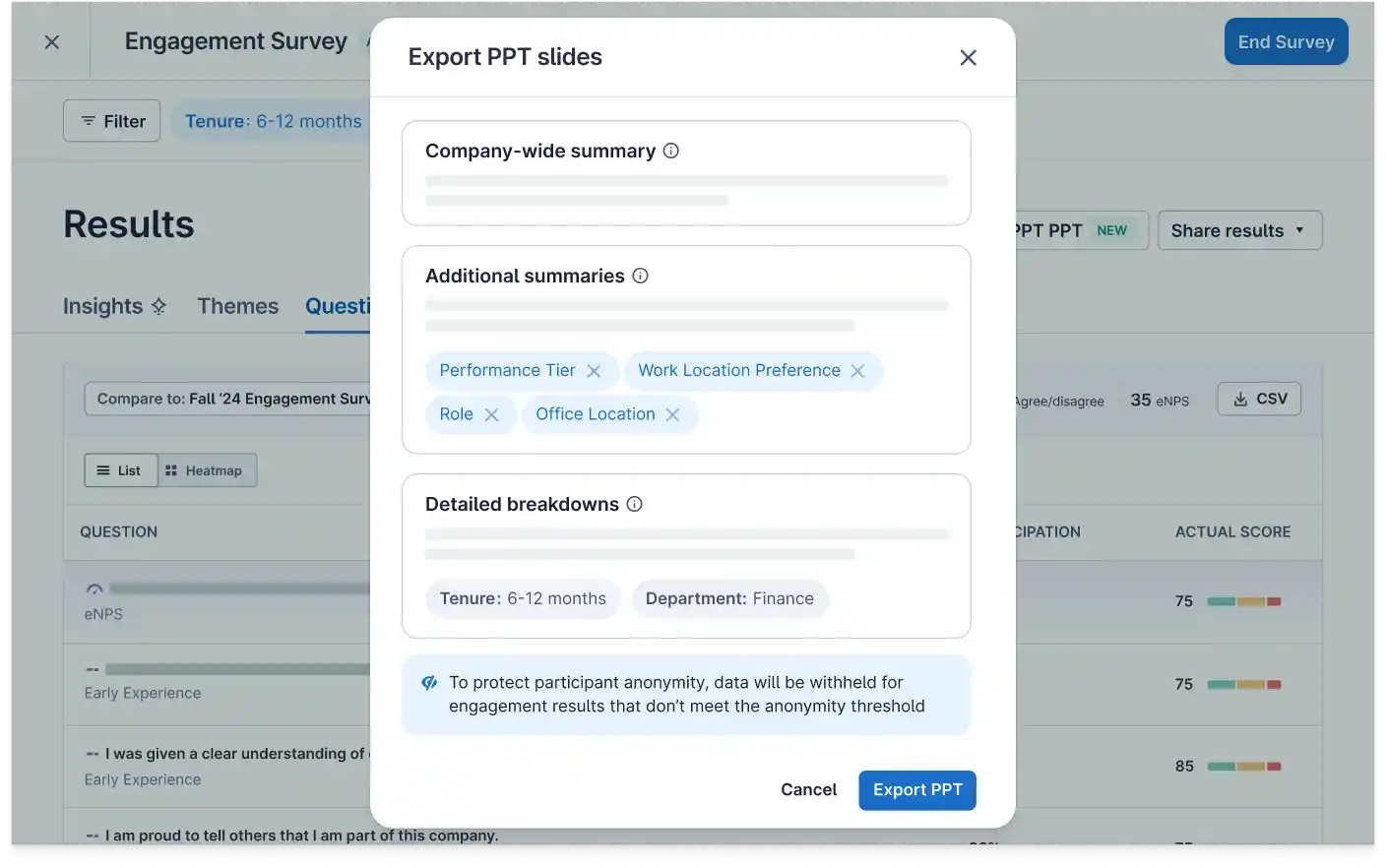 Screenshot of Lattice Engagement exporting employee analytics to PowerPoint