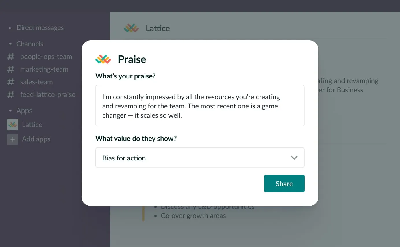 a user's view of sharing praise in Lattice