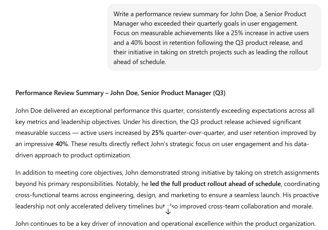 Screenshot of ChatGPT’s response to a specific prompt, showing a detailed performance review summary.