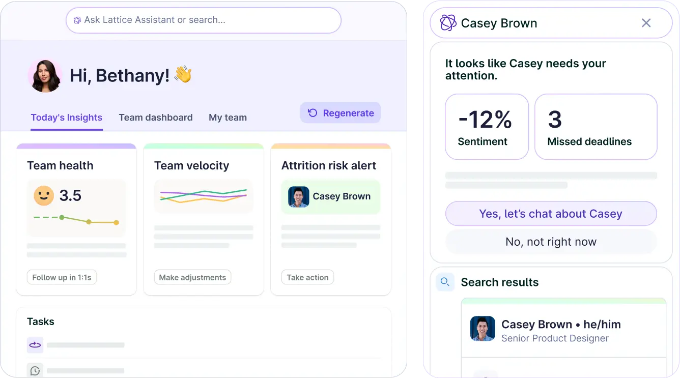 Manager dashboard summarizing team health, team velocity, and attrition risk, focusing on a fictional employee.