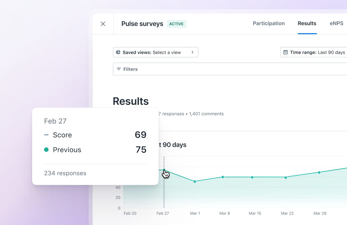 pulse survey results overview within the lattice platform gives users a timeline, sentiment analysis, and filters to get the most out of data.