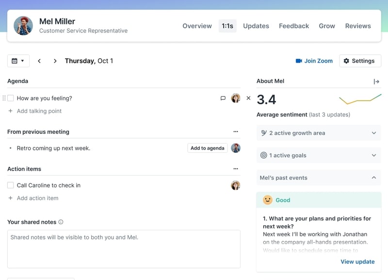 a one-on-one agenda in the lattice platform includes agenda items, follow-ups from previous meetings, sentiment scores, and action items.
