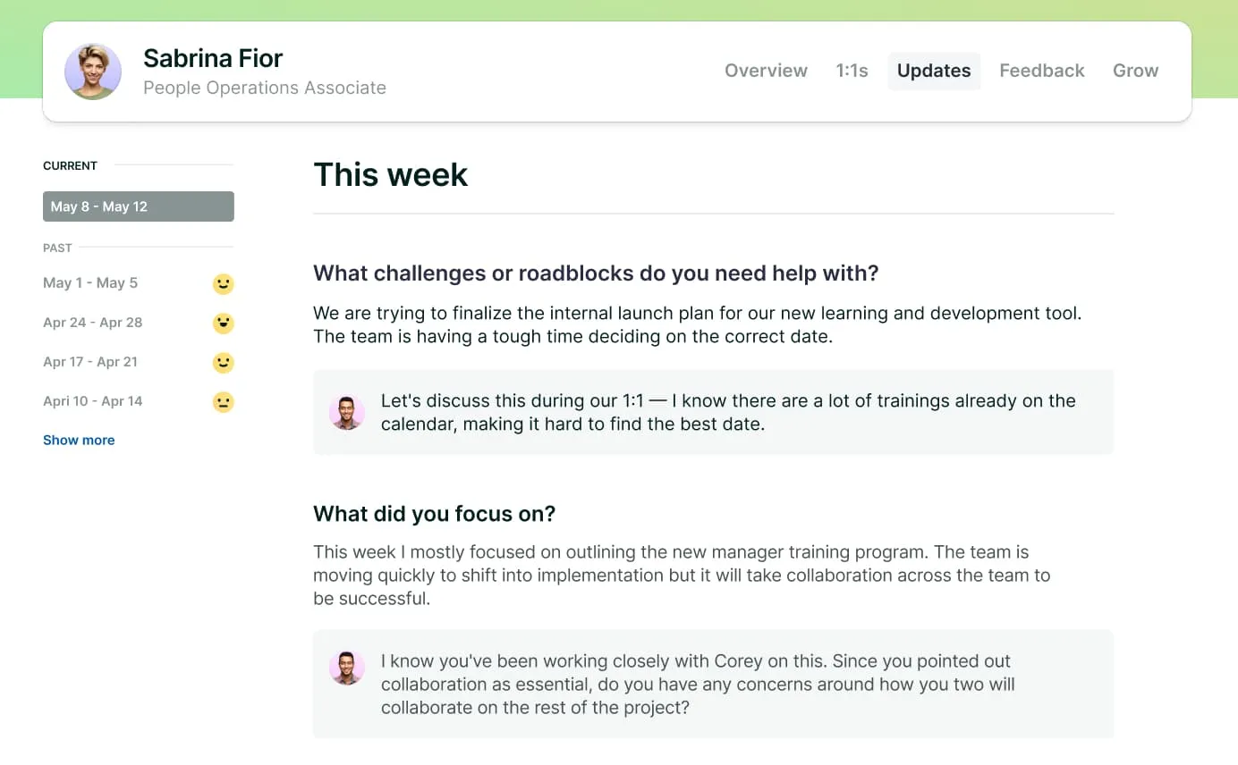 A screenshot of Lattice's weekly updates feature, showing a manager replying to updates left by a team member.