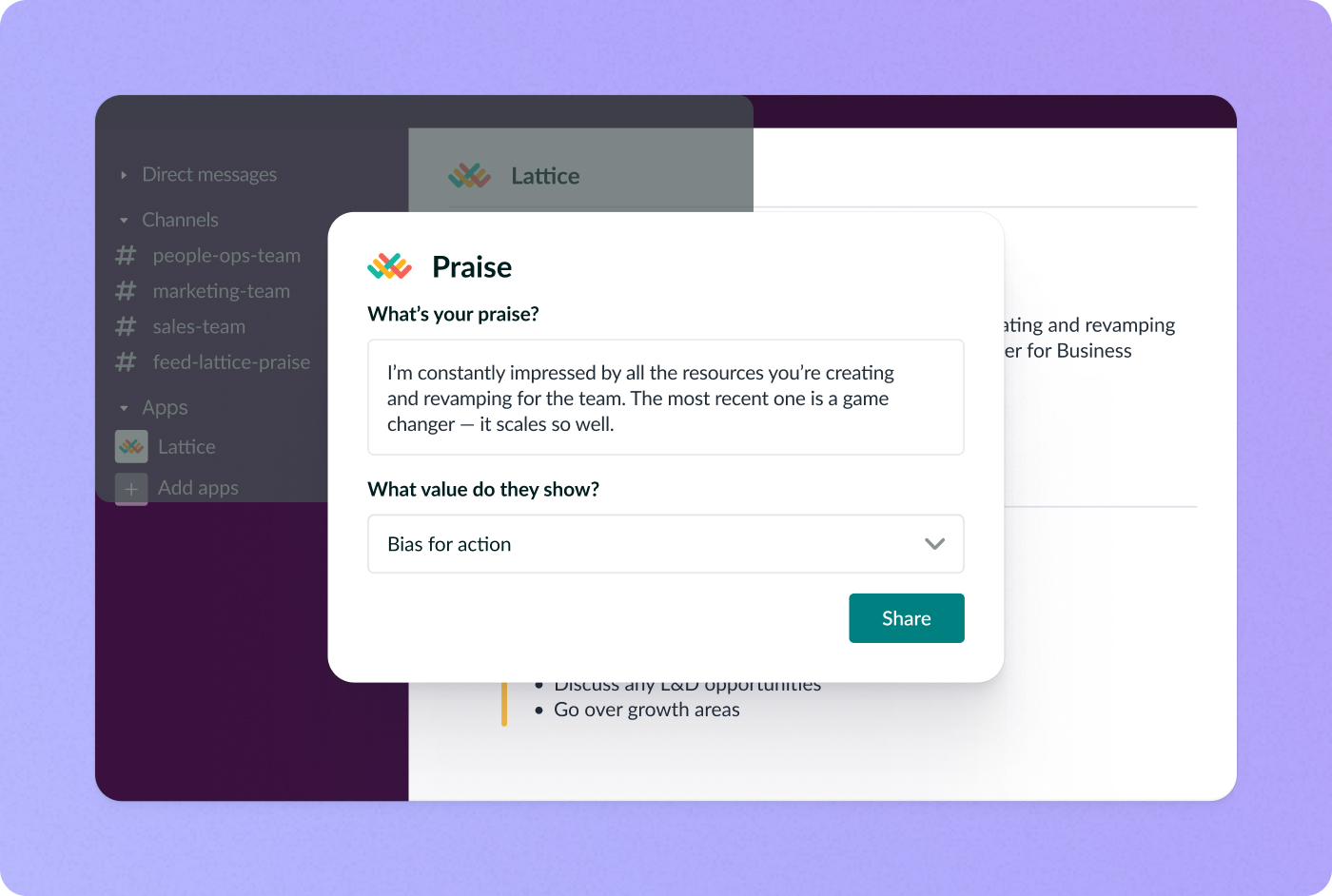 An user’s view when writing praise in Lattice.