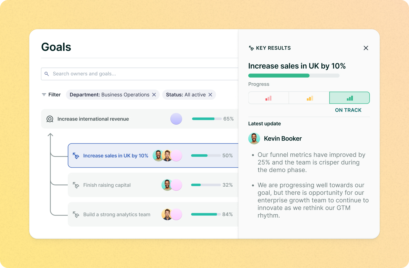 A manager’s view of their team’s recent goal updates in Lattice.