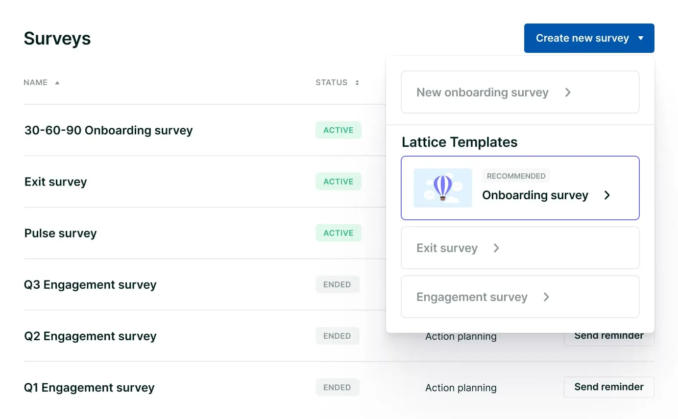 A product screenshot of Lattice's survey template library.