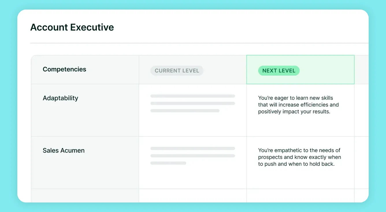 Screenshot of a performance framework page titled “Account Executive” showing a table of competencies with columns for “Current Level” and “Next Level.” Rows include “Adaptability” and “Sales Acumen.” The “Next Level” column contains descriptive guidance, such as being eager to learn new skills to improve results and demonstrating empathy for prospects while knowing when to push or hold back.