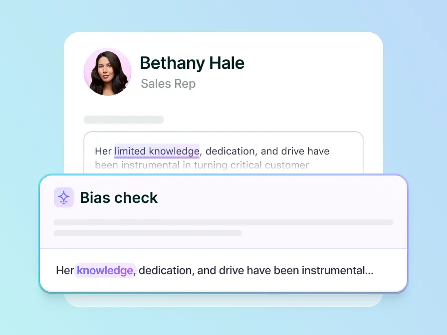 A text editor highlights potentially biased or non-inclusive language in a review with contextual recommendations below