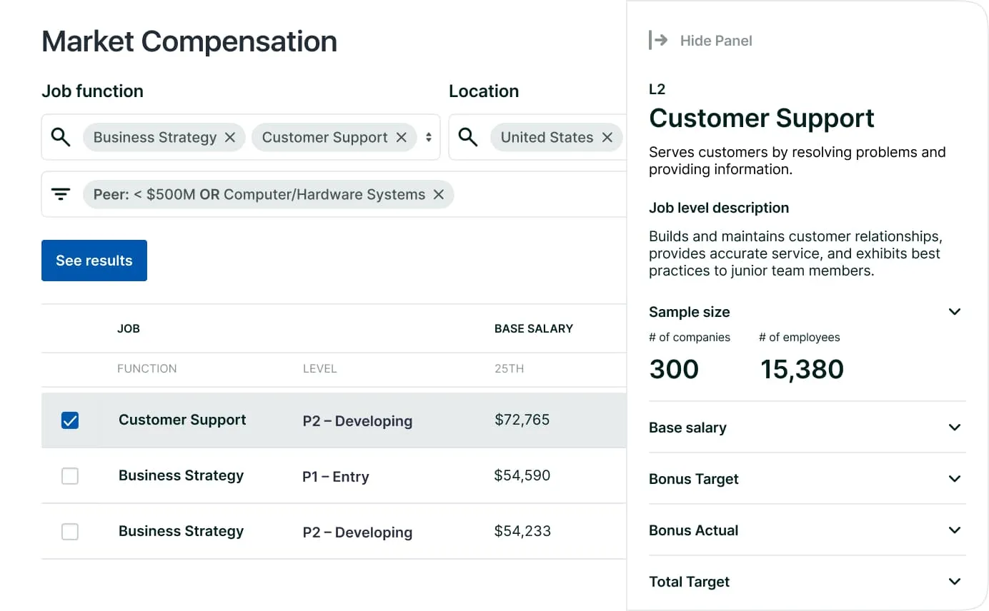 Screenshot of Lattice Compensation’s market compensation tool, showing salary benchmarking data by job function, level, and location.