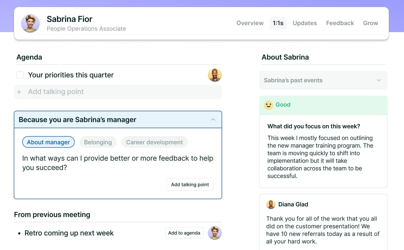 a manager’s view of a 1:1 in Lattice with their direct report.